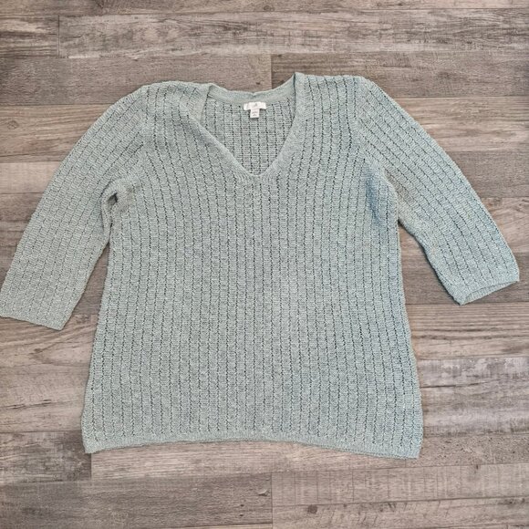 J Jill mint open weave 3/4 sleeve V-neck sweater tunic size large petite G25 - Picture 1 of 5